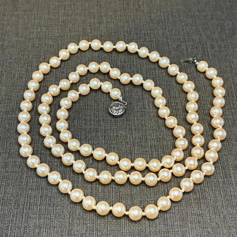 Vintage Necklace Faux Pearl Peach Hand Knotted Filigree Clasp 29" Opera Length